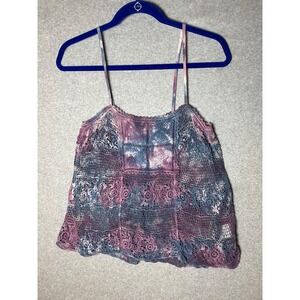 Ecote Cami Open Knit Top Womens Small Tie Dye Purple Blue Hippie Boho Floral